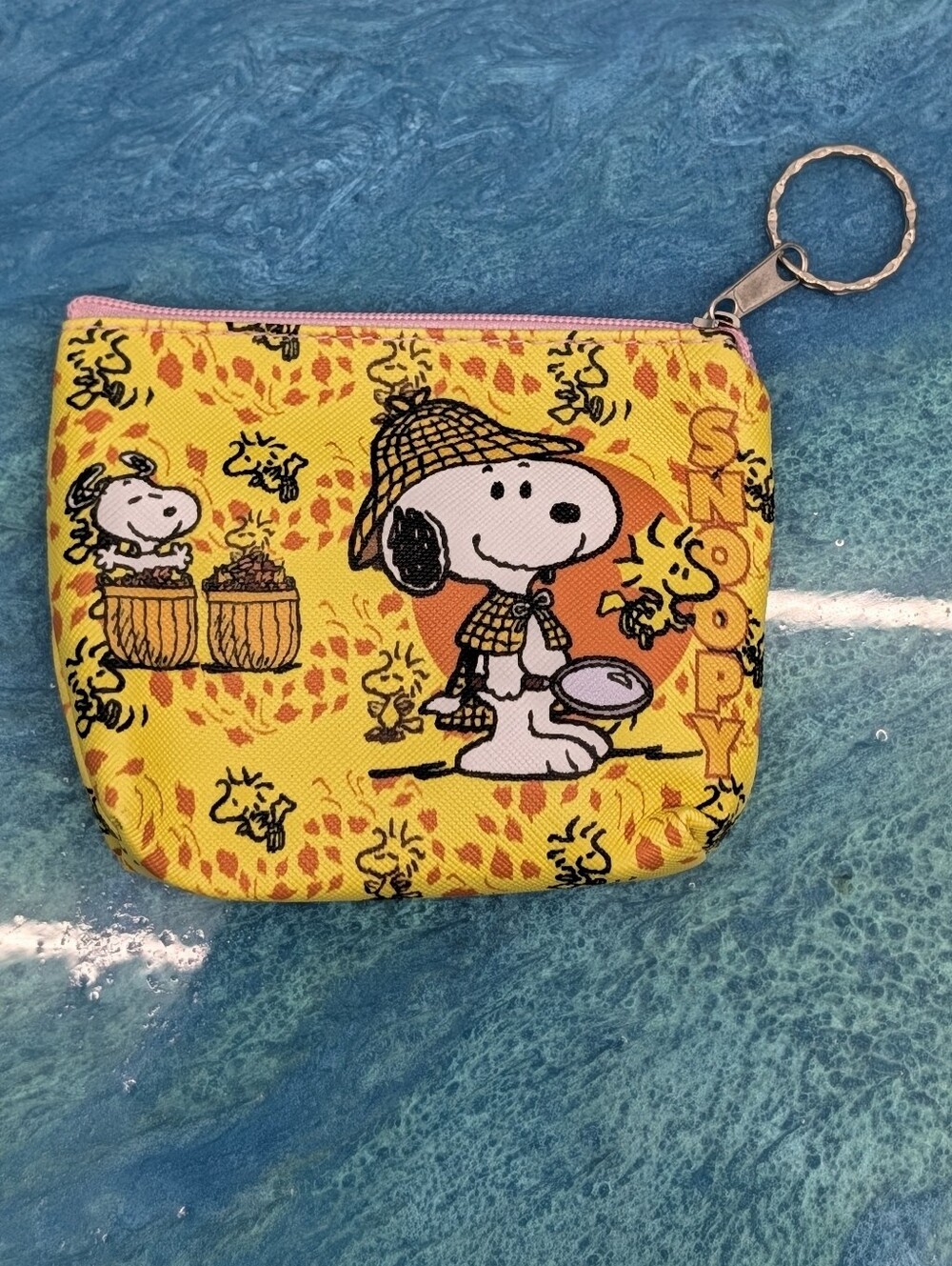 Snoopy Woodstock Fall Coin Purse Keychain Yellow Zipper Pouch, NEW